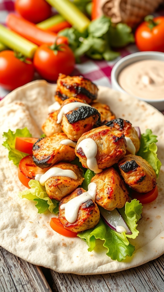 Grilled chicken kebab wrap with fresh vegetables in a tortilla, served on a picnic table.